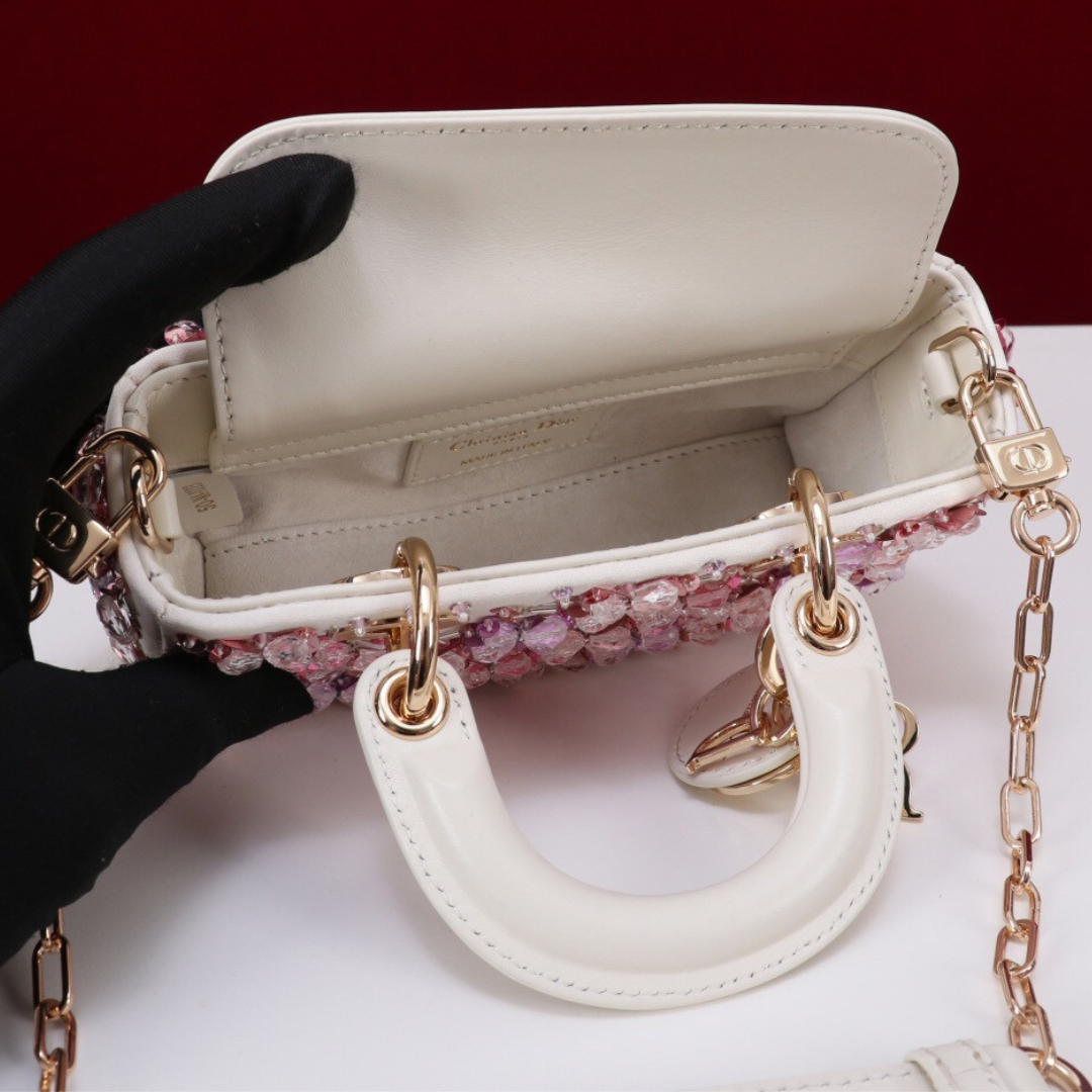 DIOR LADY D-JOY MICRO BAG MADE OF WHITE CALF LEATHER WITH PINK FLOWER EMBROIDERY AND RHINESTONES