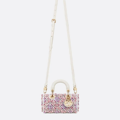 DIOR LADY D-JOY MICRO BAG MADE OF WHITE CALF LEATHER WITH PINK FLOWER EMBROIDERY AND RHINESTONES