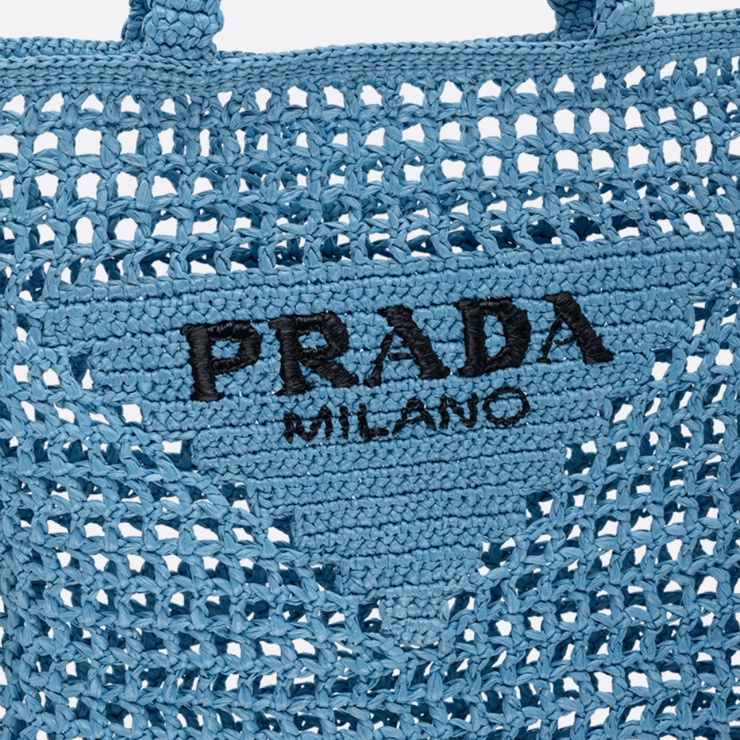 PRADA RAFFIA BAG WITH WOVEN LOGO IN BLUE