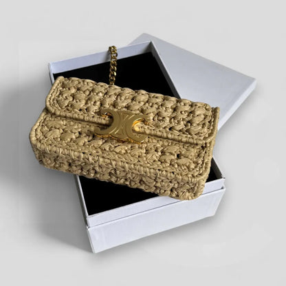 CÉLINE CLAUDE CHAIN SHOULDER BAG IN RAFFIA EFFECT